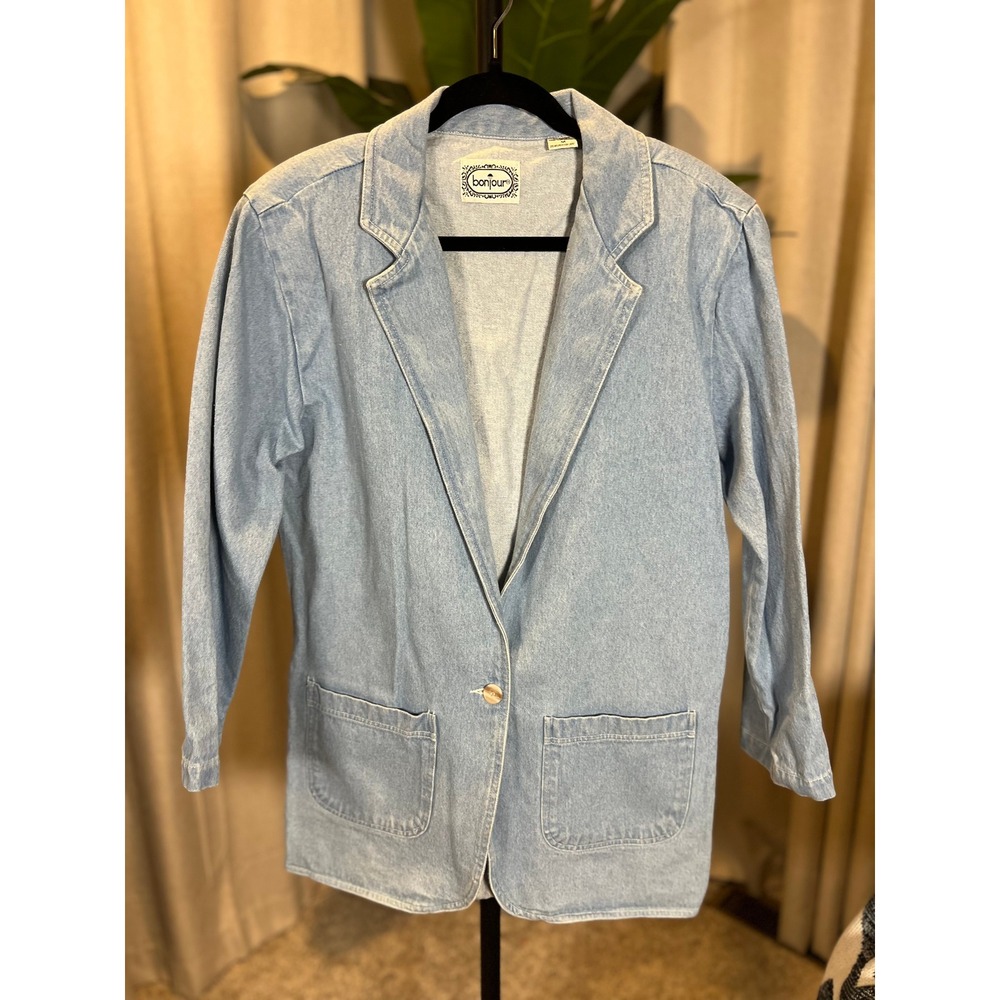 Bonjour Vintage Light Wash Denim Blazer Jacket 100% Cotton Womens Size Medium